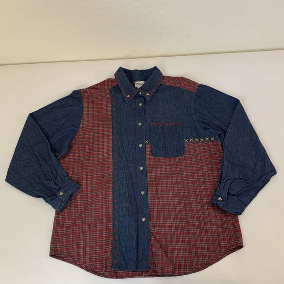 Vintage Denim Tartan Plaid Button Up Shirt Women L Red Patchwork Western Holiday - Picture 1 of 10